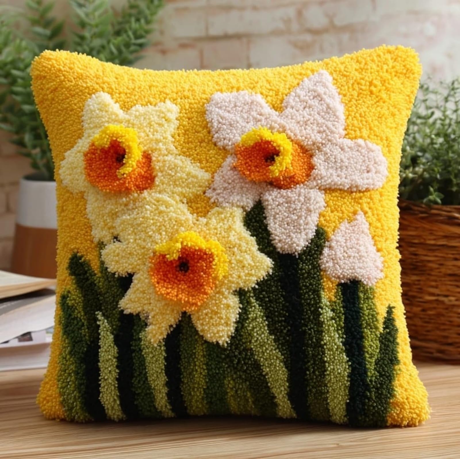 AxiangziK Latch Hook Cushion Kit 43x43cm,Yellow Flowers Beginner Friendly Needlecraft Set,Easy Latch Hook Kit for Home Decor