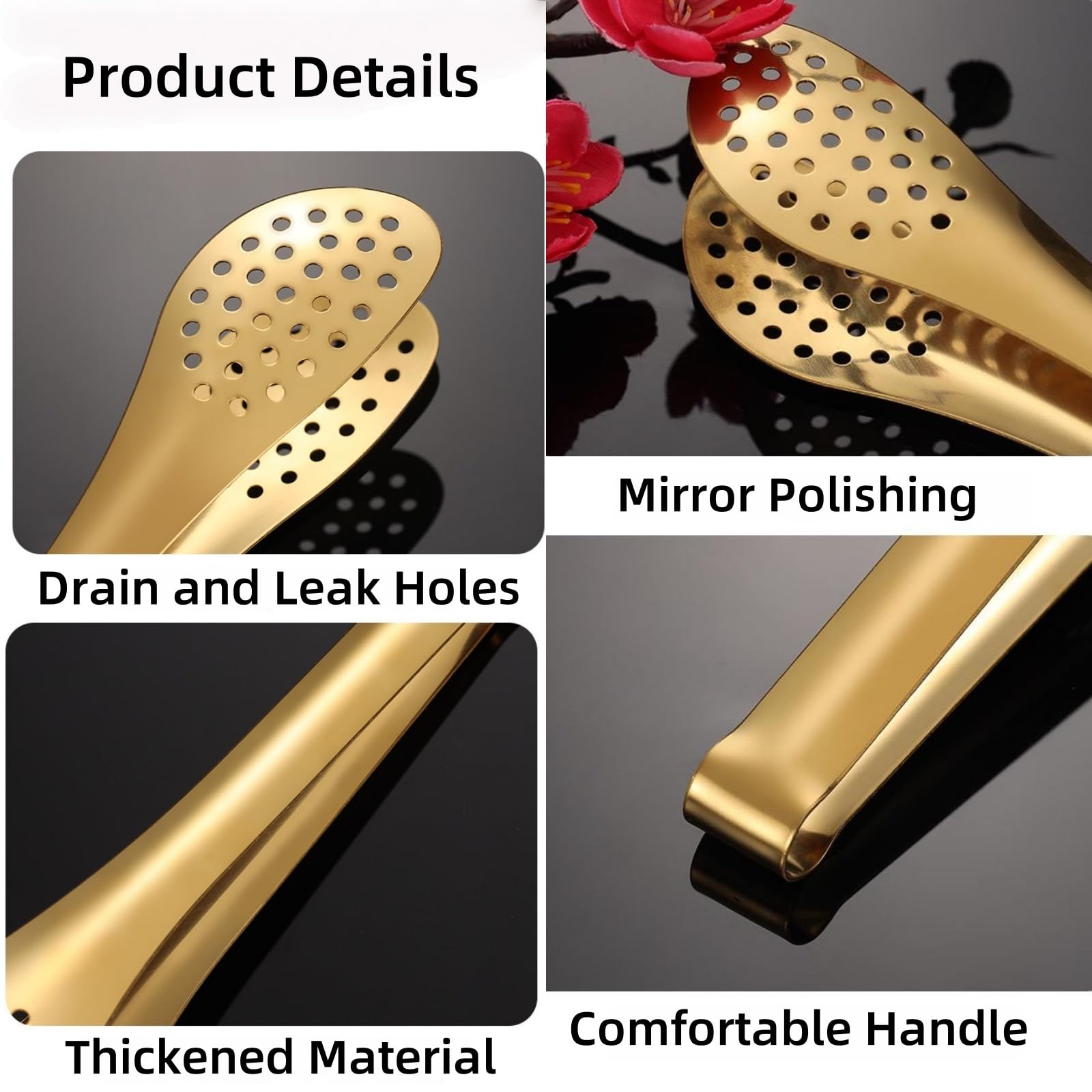 Gold Buffet Tongs - 4 Piece Set with Drip Holes -6