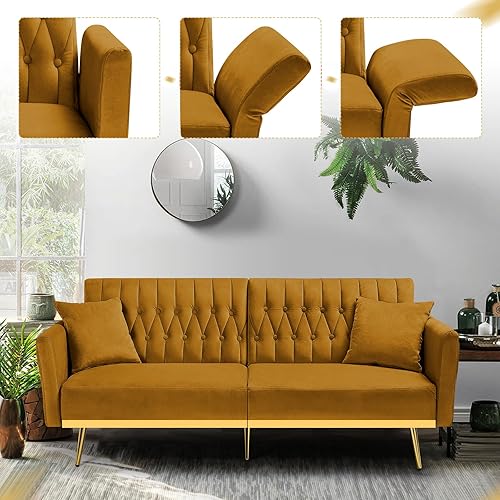 Miniatura 5 de Sofá cama futón de terciopelo de 70 pulgadas con 2 almohadas y reposabrazos ajustables, cama convertible con respaldo ajustable, sofá biplaza