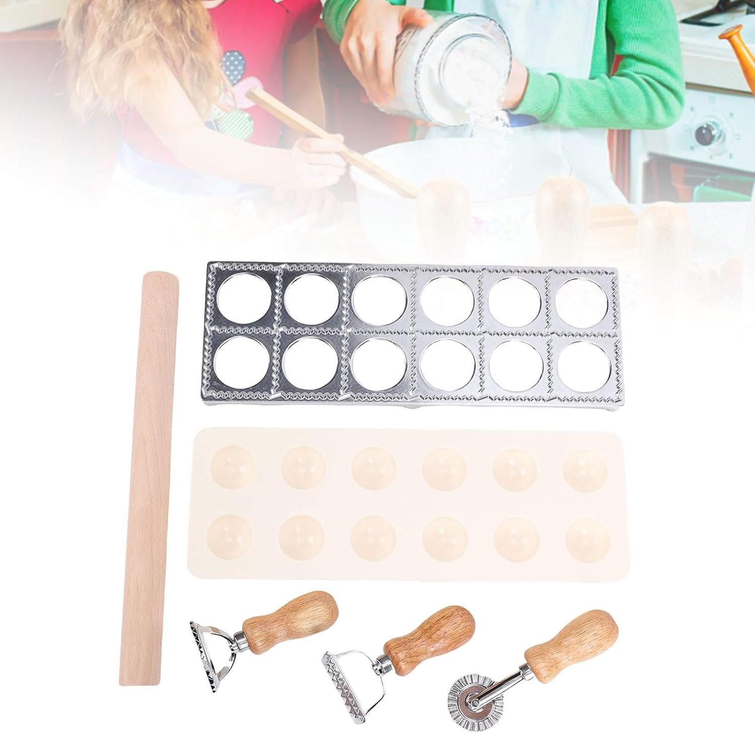 Pssopp Pasta Press Stamp, Homemade Pasta Kit including 12 Hole Press Roller and Handle Cutting Tools for Fresh Preparation at Home