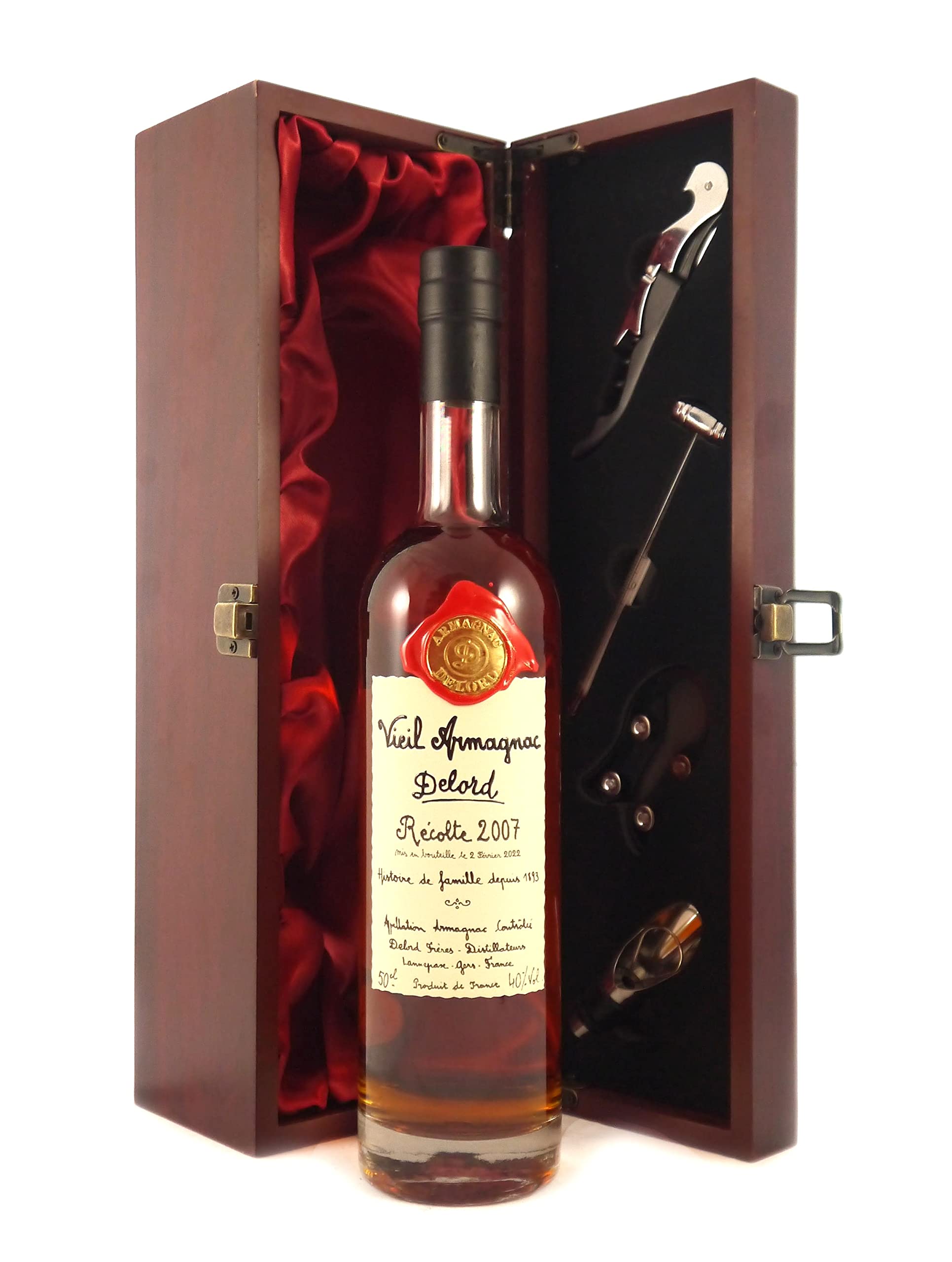 Delord Freres Bas Vintage Armagnac 2007 (50cl) in einer mit Seide ausgestatetten Geschenkbox, da zu 4 Weinaccessoires, 1 x 500ml