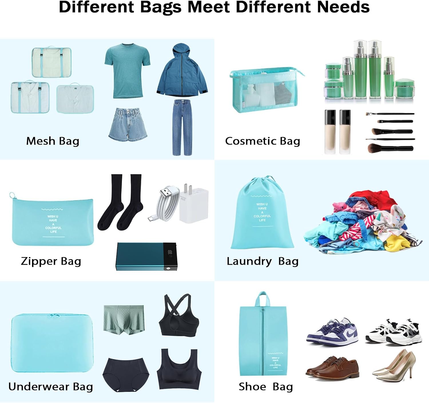 8 Set Packing Cubes for Suitcases, INVODA Travel Luggage Packing Organizers with Laundry Bag, Compression Storage Shoe Bag, Clothing Underwear Bag (Blue)