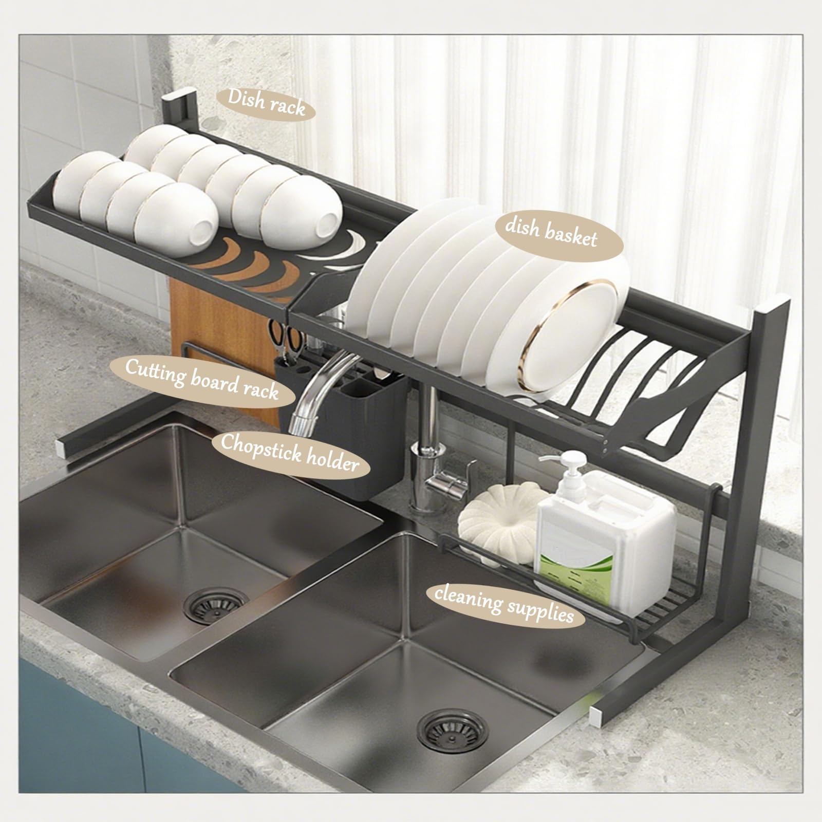 Genérico Escurreplatos Grande de Aluminio para Fregadero de Cocina, Modelo A2, 88,4 cm (34 Pulgadas). Organizador Compacto para un Secado eficiente de Platos y un Almacenamiento ordenado.