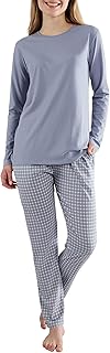Damen Schlafanzug Langarm - 100% Baumwolle, Pyjama-Set mit Karierter Pyjamahose