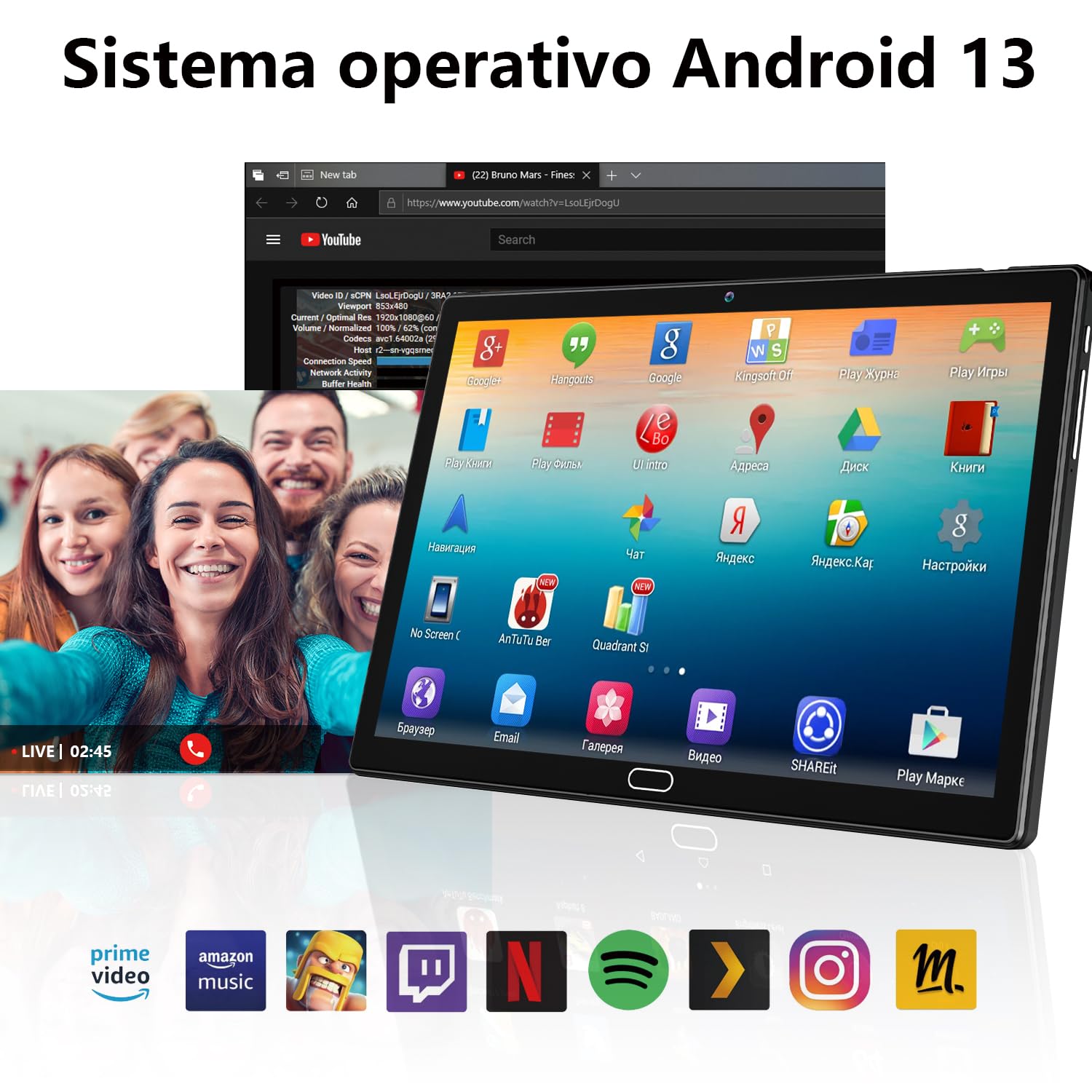 KADYBE 2024 Ultima versione Android 13 Tablet 10 Pollici con tastiera e mouse, 64 GB ROM 512 GB TF Octa-Core, 2 in 1 Tablet con 2 SIM Slot 1 SD, | 5+13 MP | 1,6GHz | 6000 mAh |Typ-C(Nero)