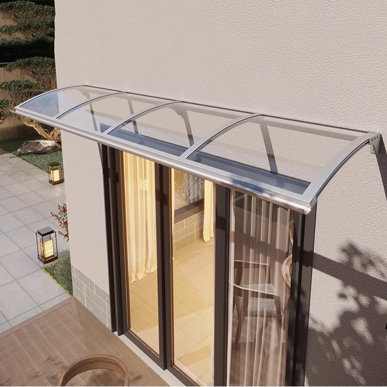 CZYZMDD Durable Silver Door Canopy Awning with Gutter Aluminum Frame & Transparent Polycarbonate Cover (65x460cm) WeatherResistant Entryway Protection for Home