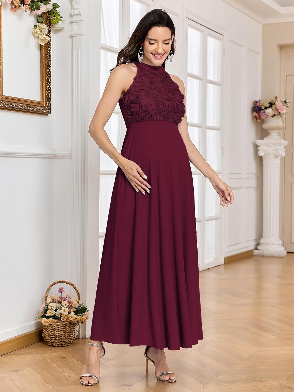 AISWI 3D Floral Halter Neck Maternity Dress Ribbed Elegant A Line Maxi Tie Back Pregnancy Dresses Baby Shower Photoshoot