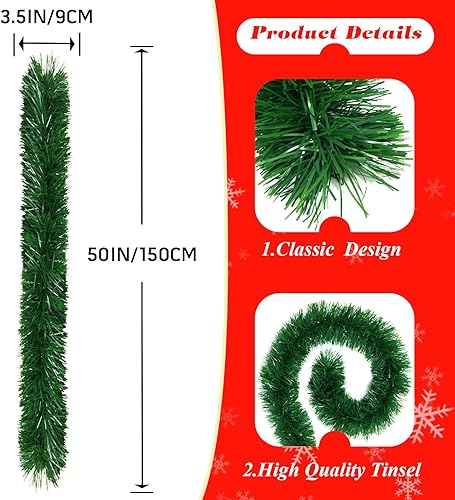 Miniatura 2 de Guirnalda de Navidad verde de 50 pies, tallos de oropel vegetal, no iluminados, decoración suave para árbol escaleras, barandilla, puerta delantera,