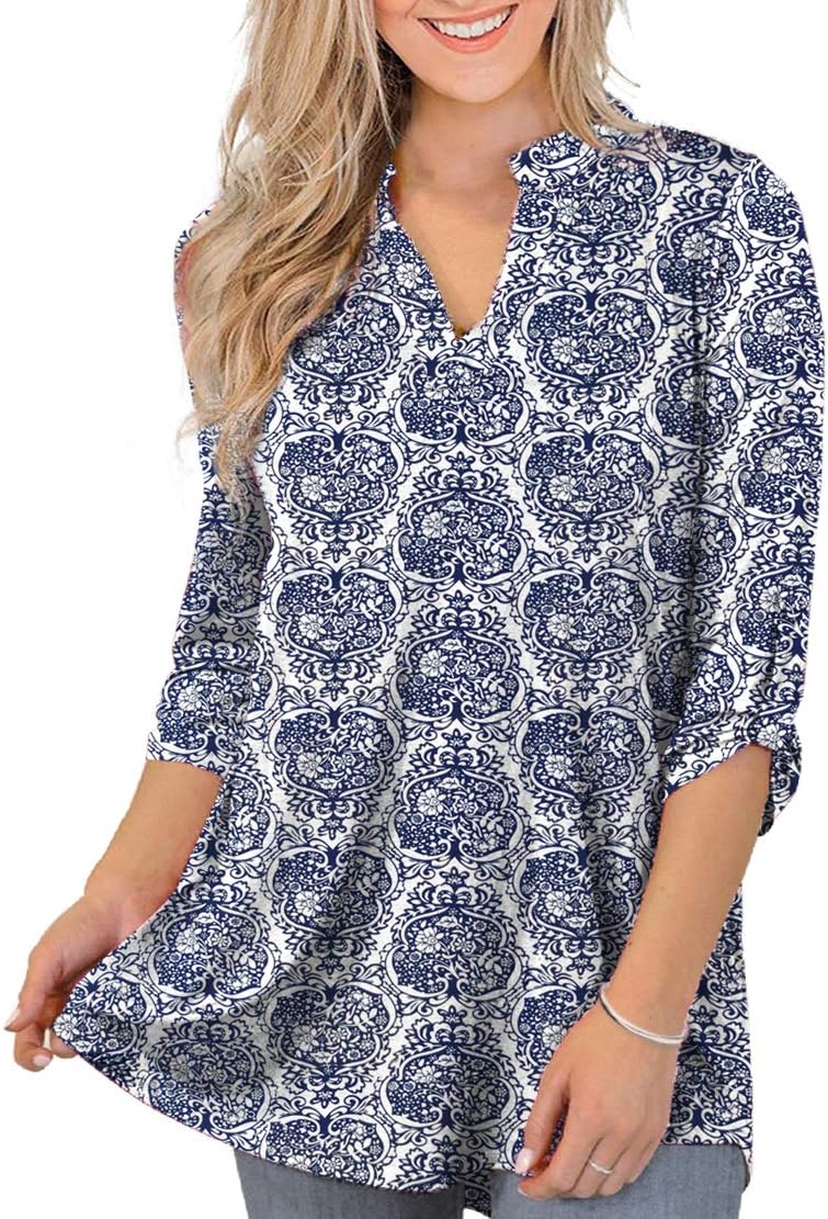 Othyroce Womens Floral Printed Tunic Tops 3/4 Roll Sleeve V Neck Blouses Long Sleeve Shirts for Women