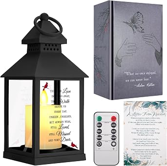 Sympathy Gifts for Loss of Loved One, Memorial Gift Lantern with Card, Bereavement Gift Candle Lights, Memory Lamp with Remote for Funeral Remembrance or Condolences Black