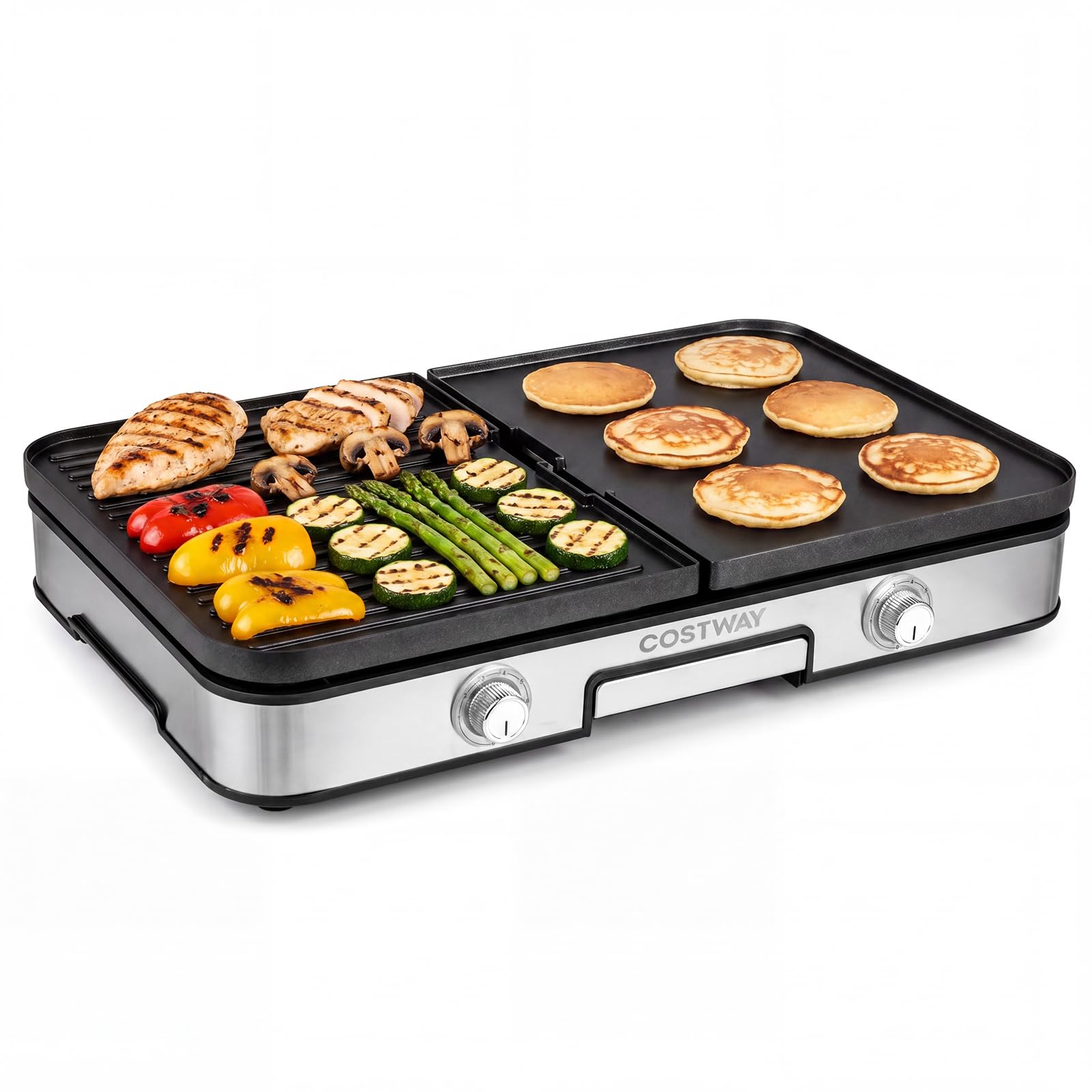 COSTWAY 3 in 1 Griglia Barbecue Elettrica, 2000W Piastra Grill Elettrica con 2 Piastre Reversibili, 2 Manopole per Controllo della Temperatura, Griglia da Tavolo Antiaderente per BBQ e Campeggio