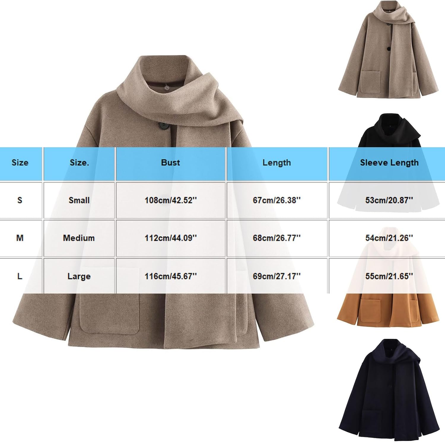 Women Oversized Scarf Jacket Wool Blend Long Sleeve Button Down Coat with Pockets Winter Warm Shawl Fashion Peacoat