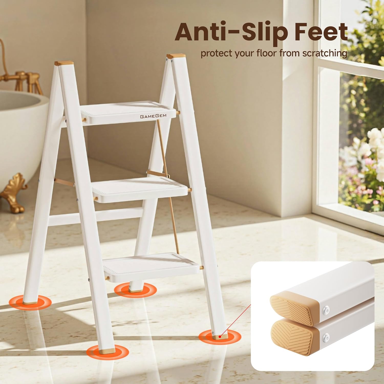 GameGem 3 Step Ladder, Foldable Step Stool with Anti-Slip Pedal, Portable Iron Stepladder for Home and Kitchen, Easy to Store-Cream Chocalate(300LBS)