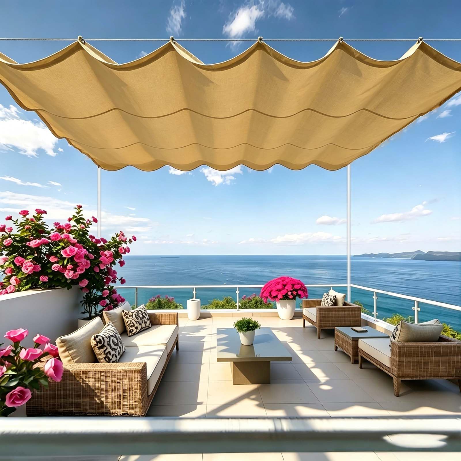 Auvent ondulé 195x235cm en PES jaune sable pour ombrage patio