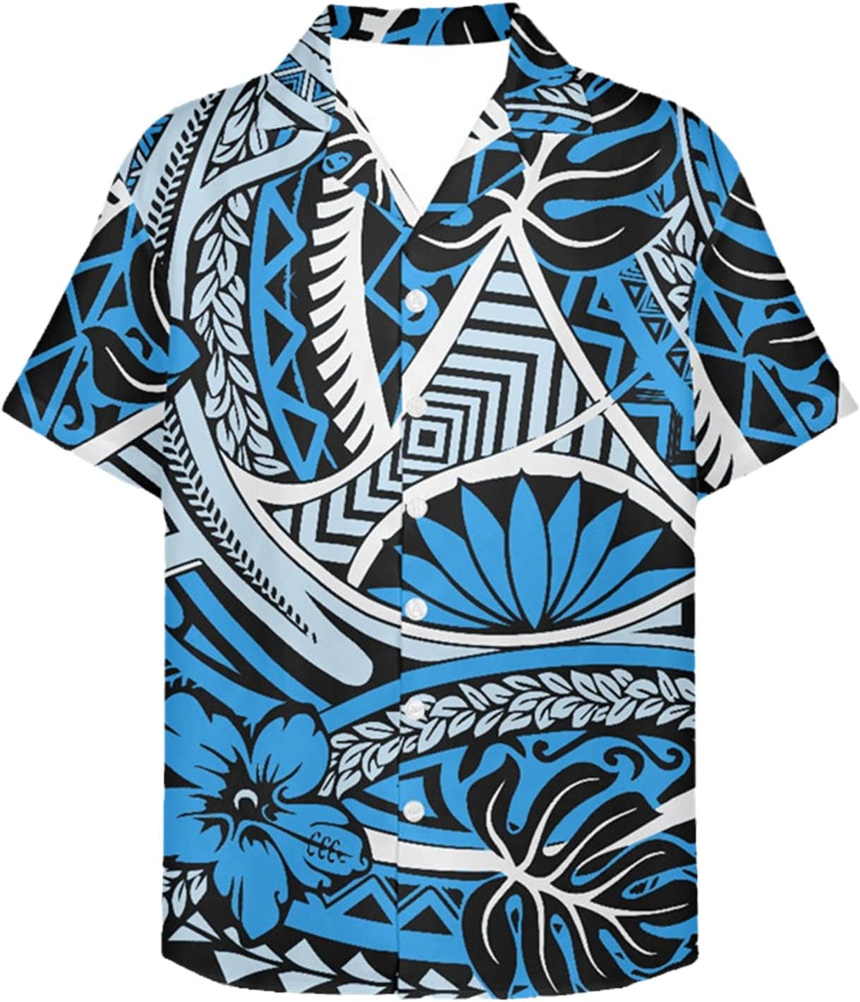 UIOKLMJH Uomini Polinesiano Tribale Tatuaggio Stampa Pulsante Camicia Uomo Nero Allentato Manica Corta Camicetta Top, 00747f16, S