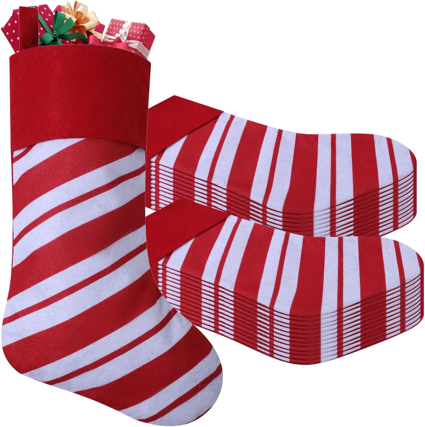 24 Pack Felt Christmas Stockings, 19 Inches Green and White Candy Cane Christmas Stocking Hanging Ornaments with Family Christmas Holiday Decorations