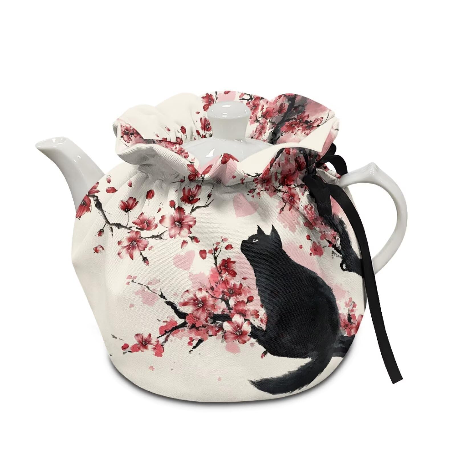 Xoenoiee Black Cat Plum Blossom Pattern Tea Cozy Tea Pot Cover Insulation Tea Cosy Teapot Dust Cover Teapot Warmer for Home Kitchen Teapot Covers