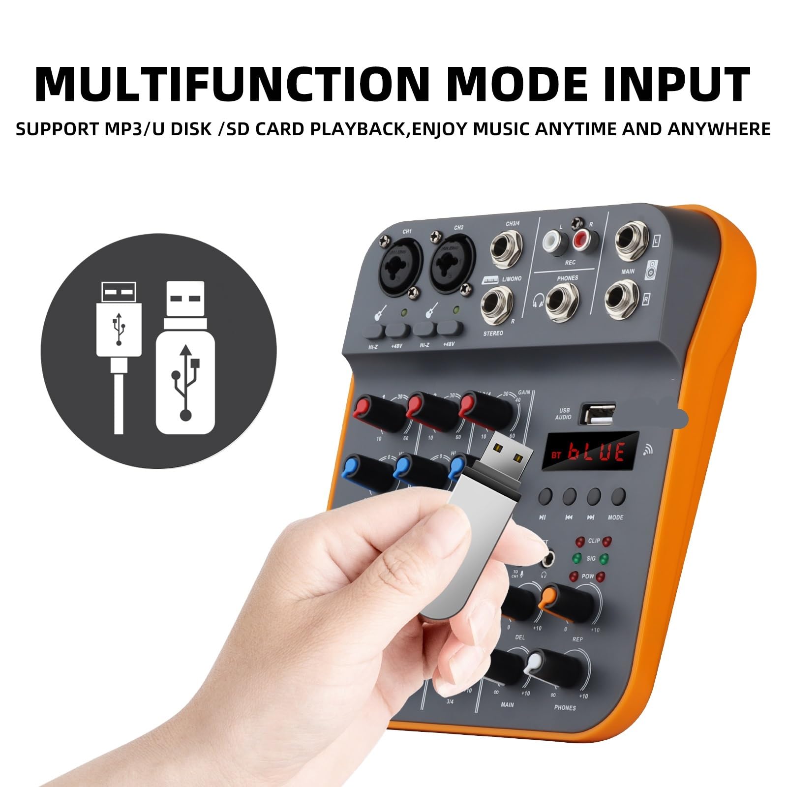 Mikser dźwięku, 4-kanałowy mikser audio DJ konsola miksująca z Bluetooth 5.0 48V Phantom Power do nagrywania na komputerze