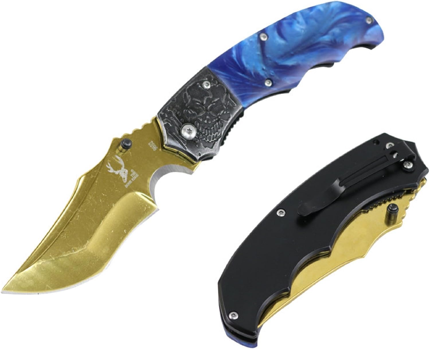 TheBoneEdge 7.5" Gold Ball Bearing Folding Knife With Blue Plastic Handle