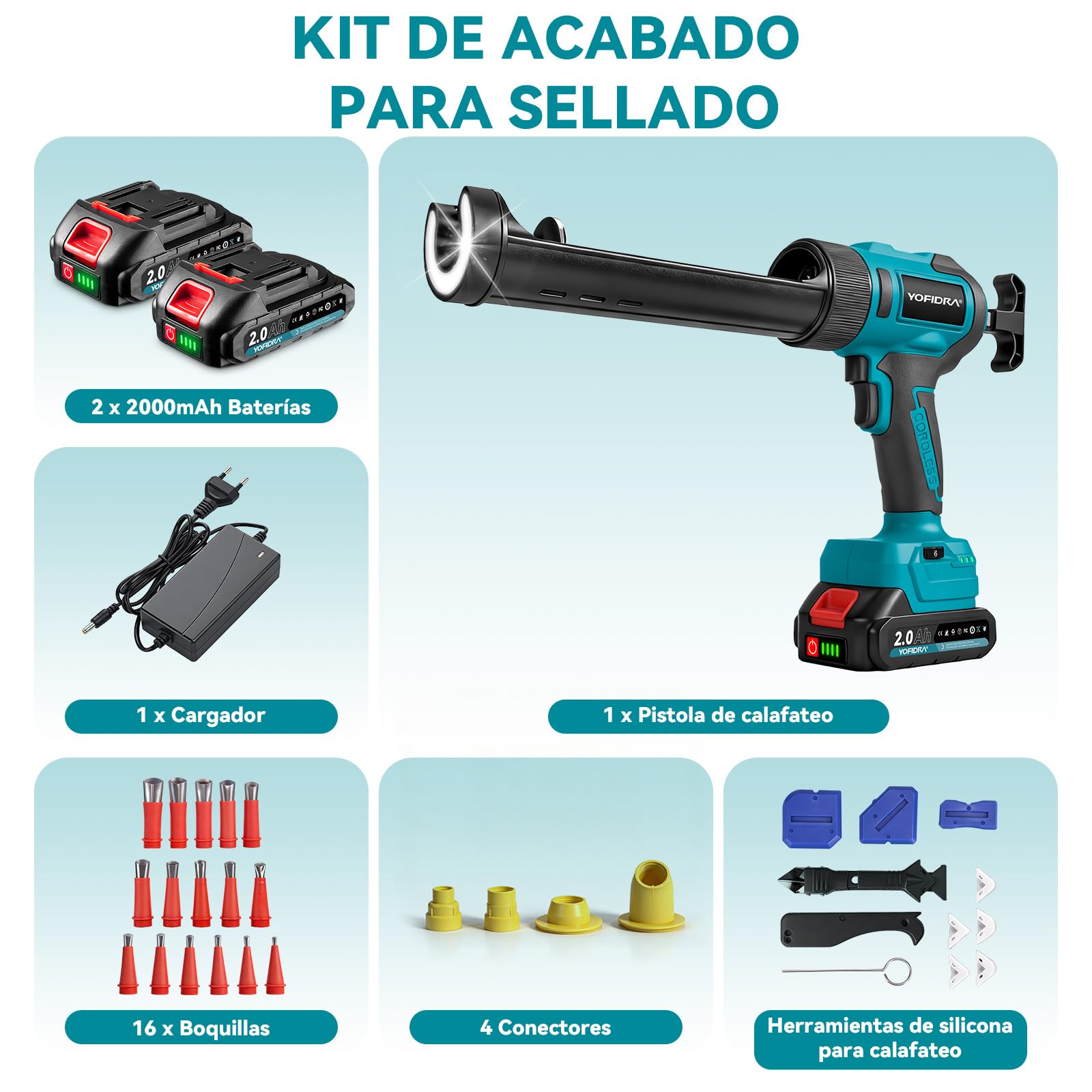 Yofidra Pistola de silicona con batería de 2 baterías de 2,0 Ah, 6 velocidades, 16 boquillas, juego de herramientas de sellado de silicona, luz LED, jeringa de silicona, batería para cartuchos de 300