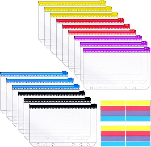 15 Pcs Multicolor Budget Binder Pockets, A6 Cash Envelopes 6 Holes PVC Zipper Folders Waterproof Zipper Loose Leaf Bags with Label Stickers for Bill Money Cash Cards