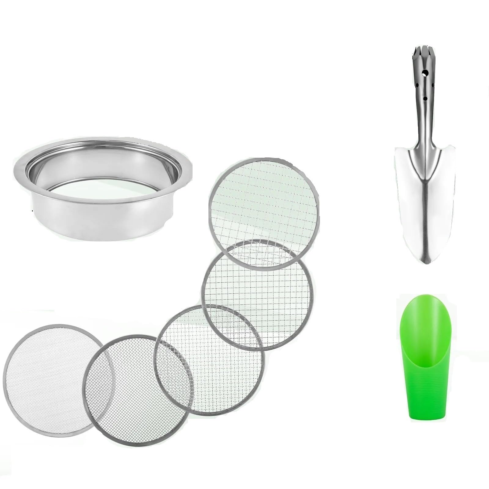 Handheld Seed Planter Gartenerde-Sieb-Set, Edelstahl, Bonsai-Steinsieb mit 5 auswechselbaren Filtermaschengrößen(A)