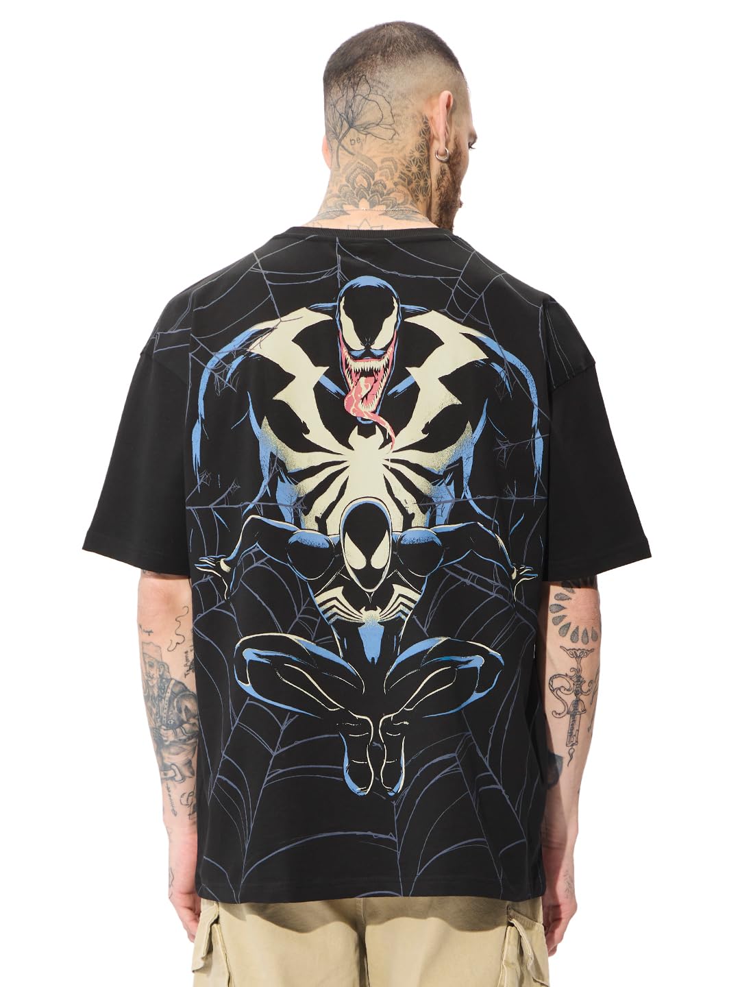 The Souled Store Marvel: Spider x Venom Mężczyźni i Chłopcy Krótki Rękaw Okrągły Dekolt Czarny Graficzny Nadruk Bawełniany Oversized T-shirt