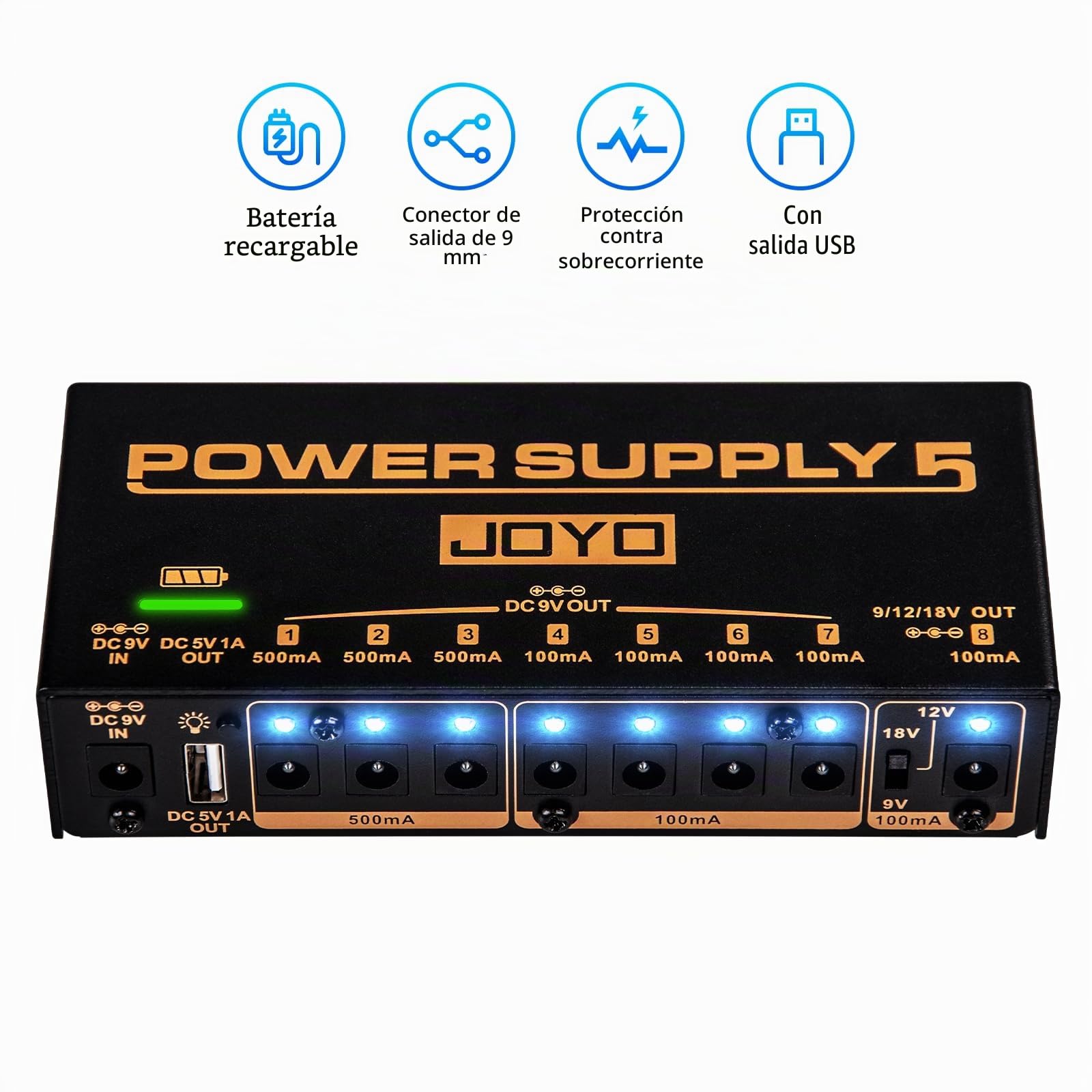 JOYO Built-in 4400mAh Rechargeable Battery Guitar Effect Pedal Power Supply 8 Outputs 9V 12V 18V (100mA, 500mA) Jacks & 5V/1A USB Port (JP-05)