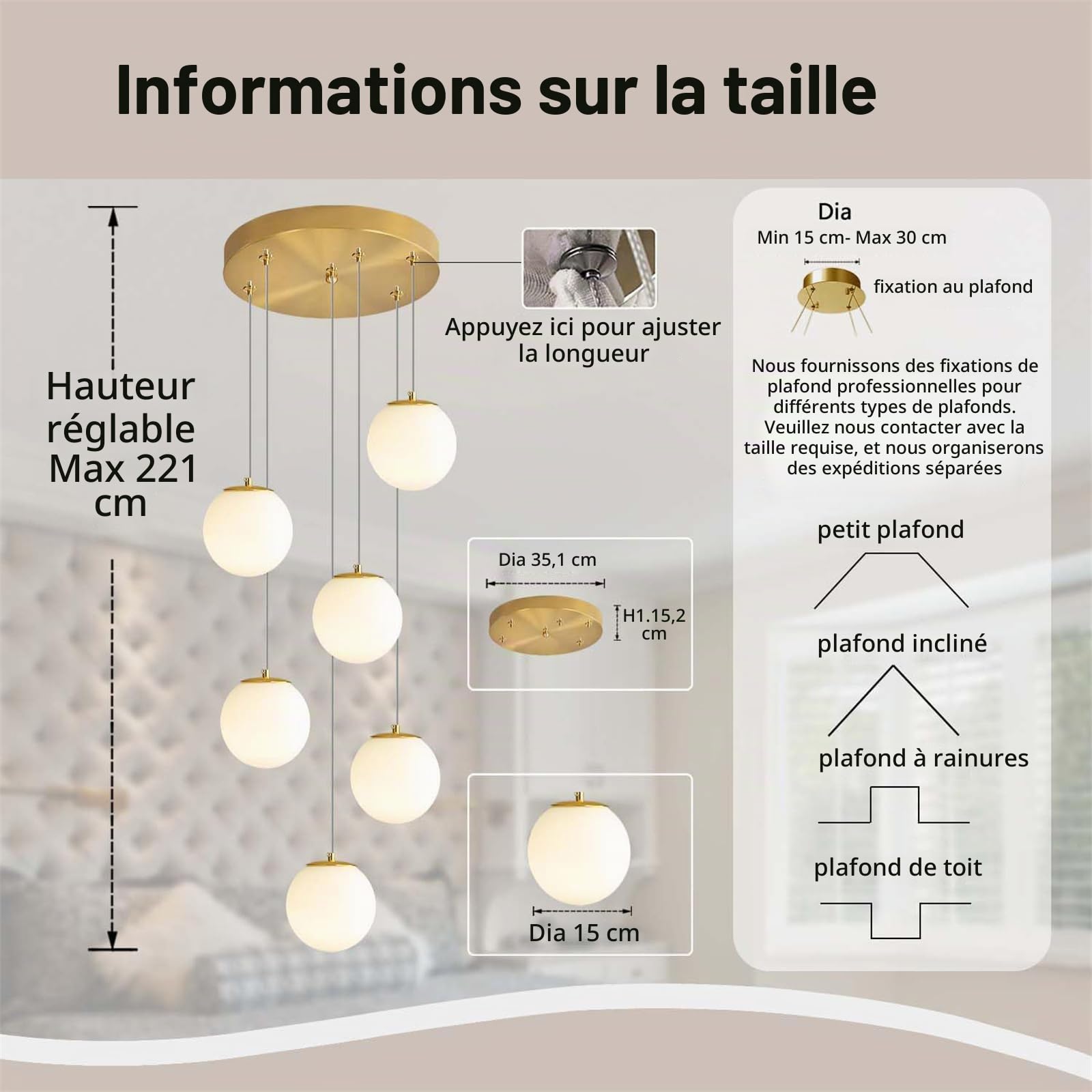 Lustre Moderne à 6 lumières en Forme de Globe, luminaire Suspendu Haut de Plafond, Boule en Verre Blanc, éclairage Suspendu pour Salon, escalier, entrée, Salle à Manger, Cuisine