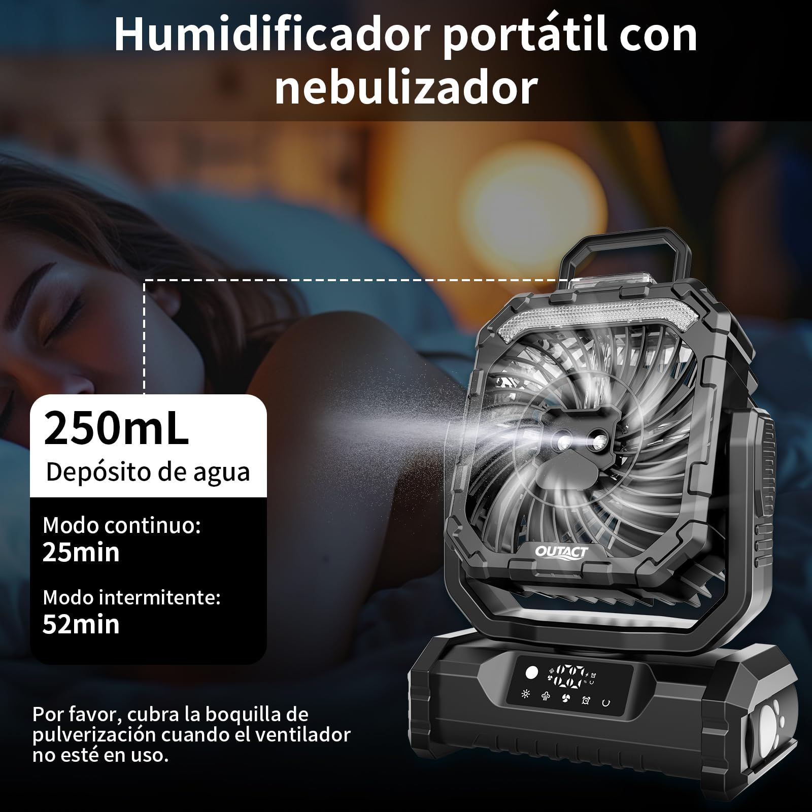 Ventilador Camping Recargable de LED: 20000mAh Ventilador Portátil USB Silencioso con Nebulizador, Oscilación Ventilador Batería para Tienda, Caravana, Supervivencia, Oficina, Exterior - Negro