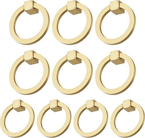 QOGRISUN Paquete de 10 tiradores de anillo de latón macizo para cajón de armario, tiradores de tocador dorados de 1-78 pulgadas, manijas de