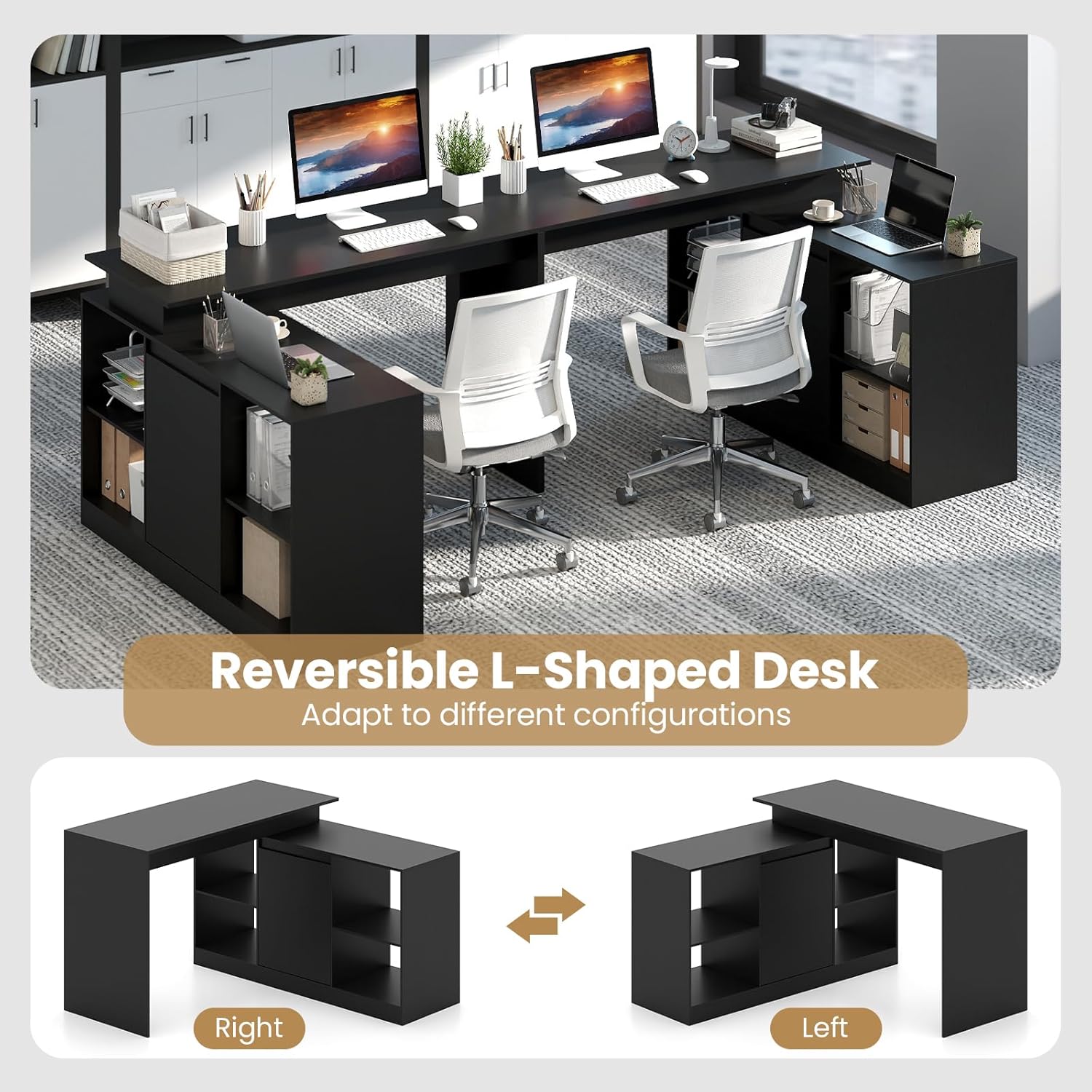 Tangkula Reversible L-Shaped Computer Desk with Storage Cabinet & 4 Shelves, Home Office Corner Desk for Writing Study Work Executive, Modern Executive Desk Laptop Workstation for Home Office (Black)