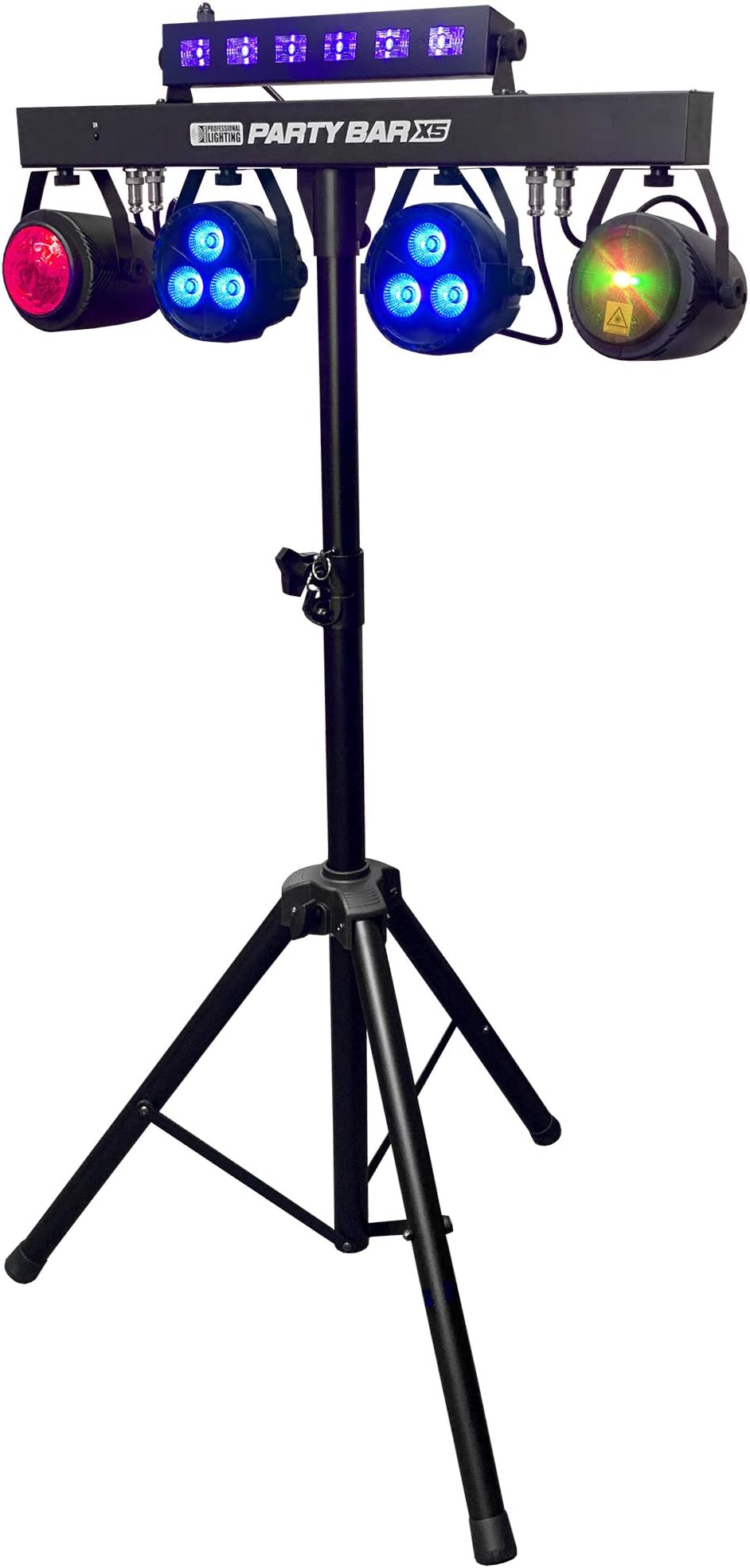 Party Bar X5 - LED DJ Lighting - Stage Lighting - GigBar - Includes Gig Bags Stand, 2 Pars, 2 Effect Lights, Black Light Bar, Strobe and a Remote Control