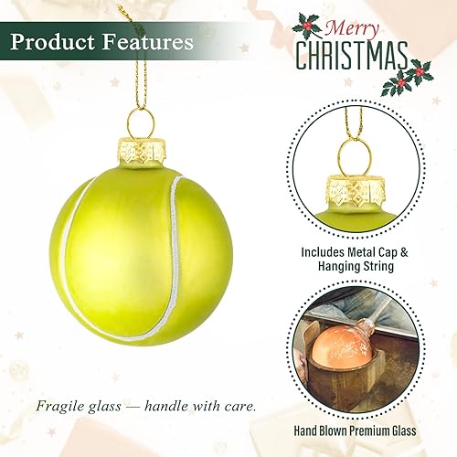 Miniatura 3 de Bola de tenis de Navidad de 2.36 pulgadas, adorno soplado de vidrio, decoración de pelota deportiva pintada a mano 2025 para árbol de Navidad,