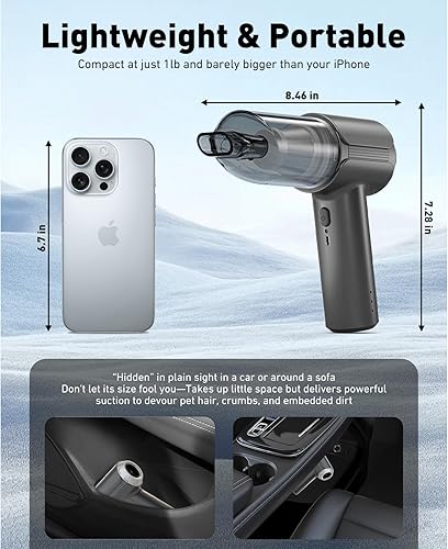 Miniatura 6 de Aspirador de mano inalámbrico con motor sin escobillas, mini plumero de aire de alta potencia de 21000 PA, teclado 7 en 1, aspiradora portátil con