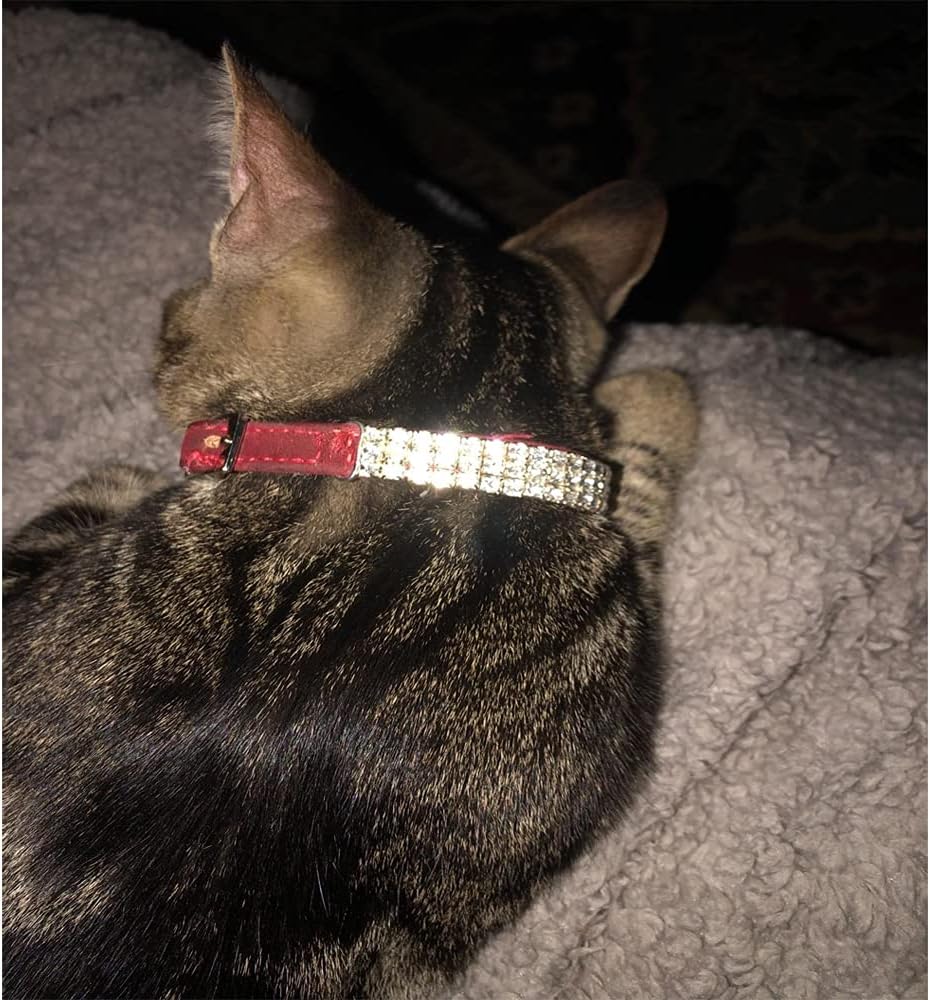CHUKCHI Soft Velvet Safe Cat Adjustable Collar Bling Diamante with Bells,11 inch for Small Dogs and Cats (Red)