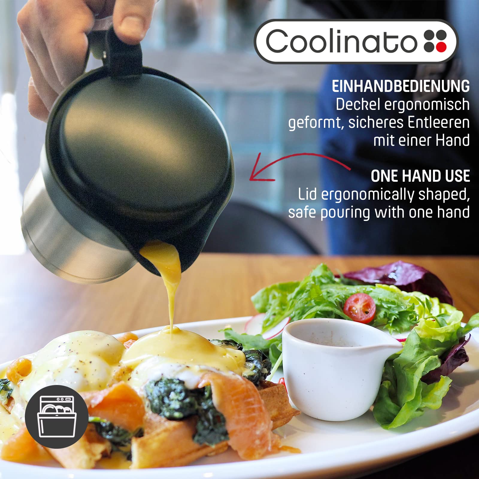 Coolinato Thermo Edelstahl Sauciere, 400 ml, doppelwandiger Edelstahl, auslaufsicherer Deckel, 11x 8,5 x 14 cm, geeignet als Saucenausgießer und isolierender Thermobehälter