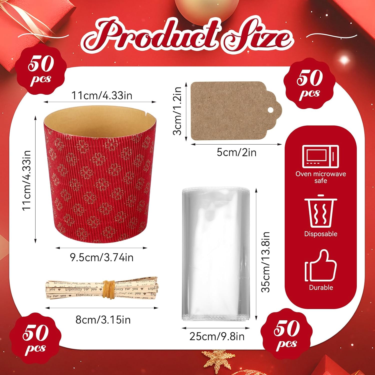Skylety 50 Sets 12oz Valentine's Day Corrugated Panettone Paper Mold Sets Disposable Paper Bread Molds Baking Cake Pan with Clear Plastic Bags and Ties for Bread Cake Bakery