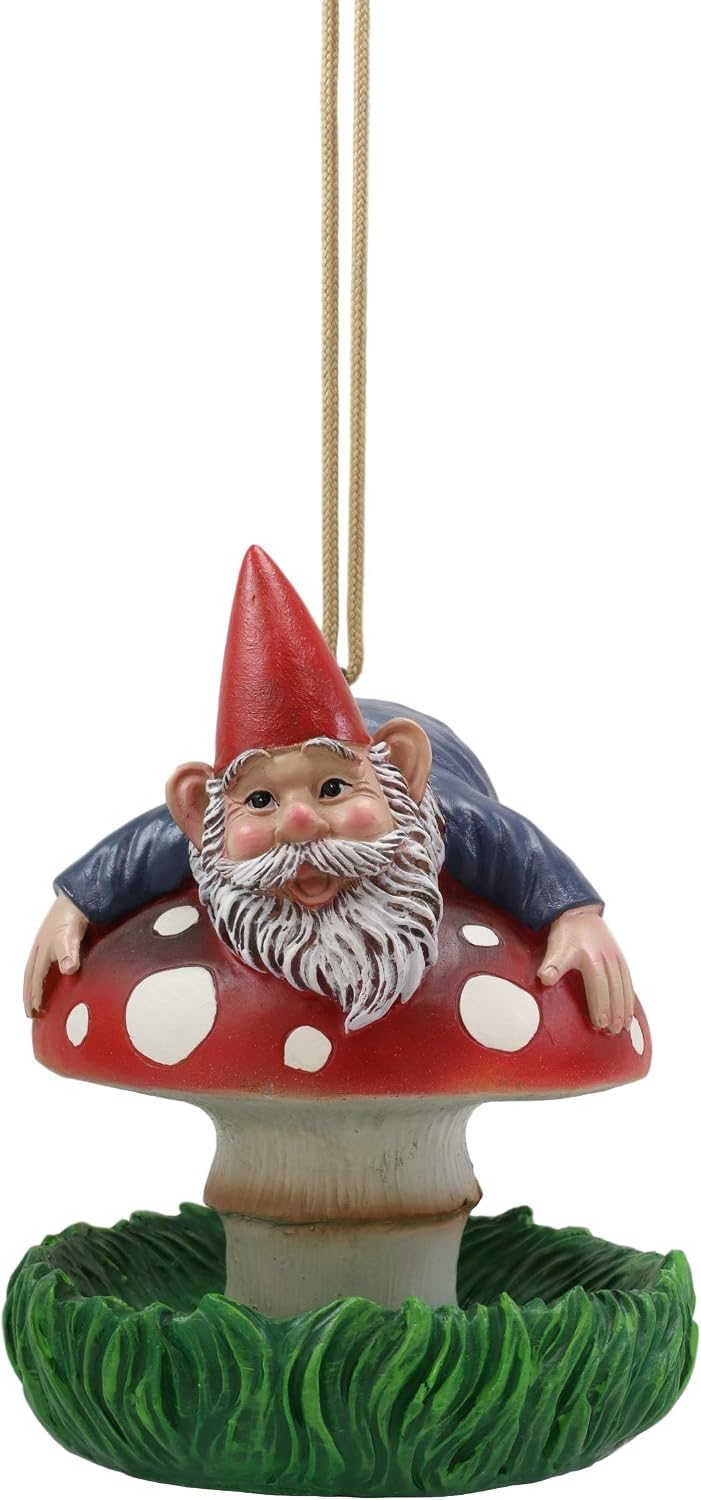 Ebros Whimsical Fairy Garden Naughty Gnome Stuck On Toadstool Mushroom Cap Bird Feeder Branch Hanger with Hanging Ropes Decorative Figurine Druid Gnomes for Outside Patio Yard Pool Accent