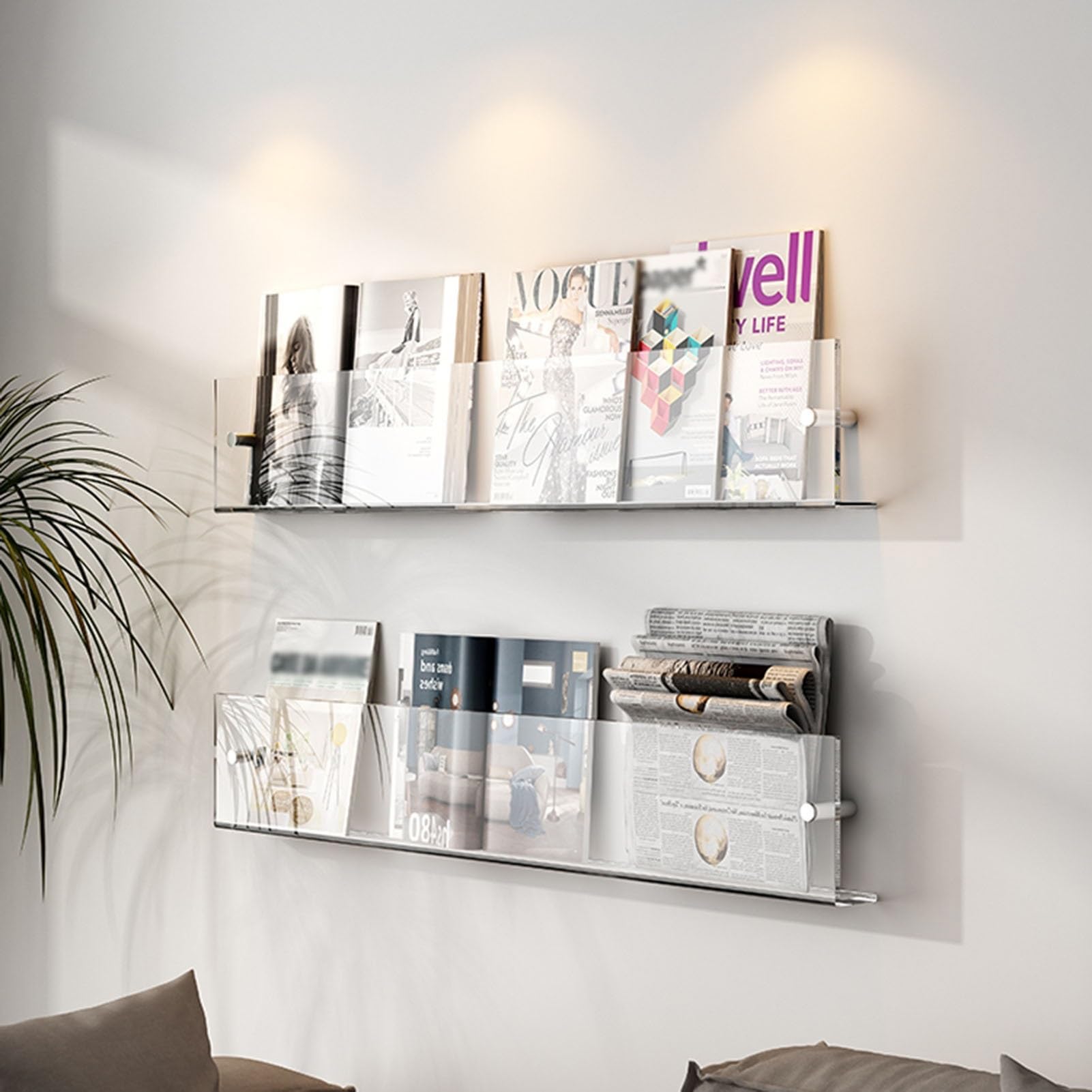Estante de exhibición de revistas de acrílico transparente y organizador de pared