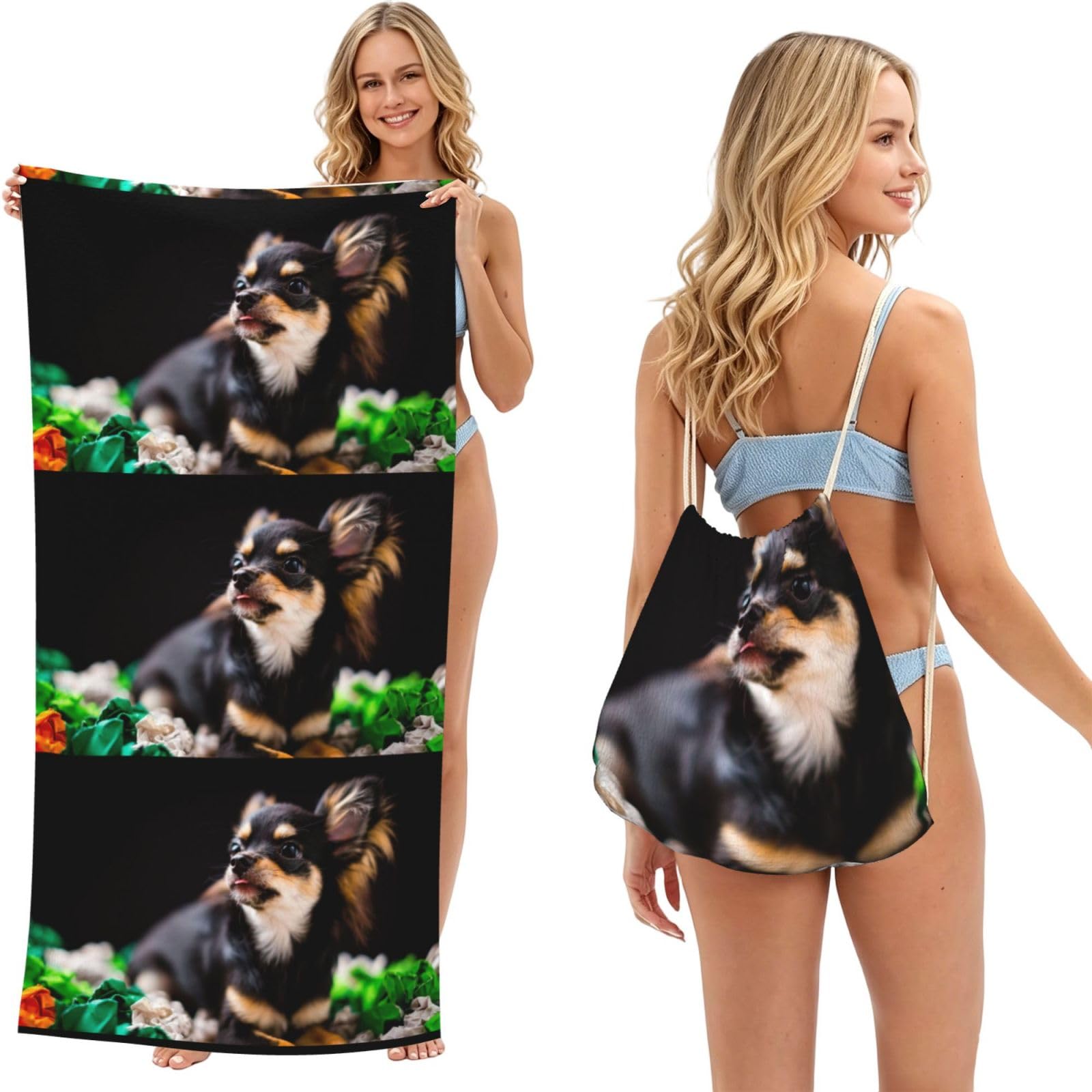 Poadnly As Picture Chihuahua Dog Cute, 2 In 1 Packable Towel Bag, Beach Towels With Drawstring Backpack For Travel Holiday Camping