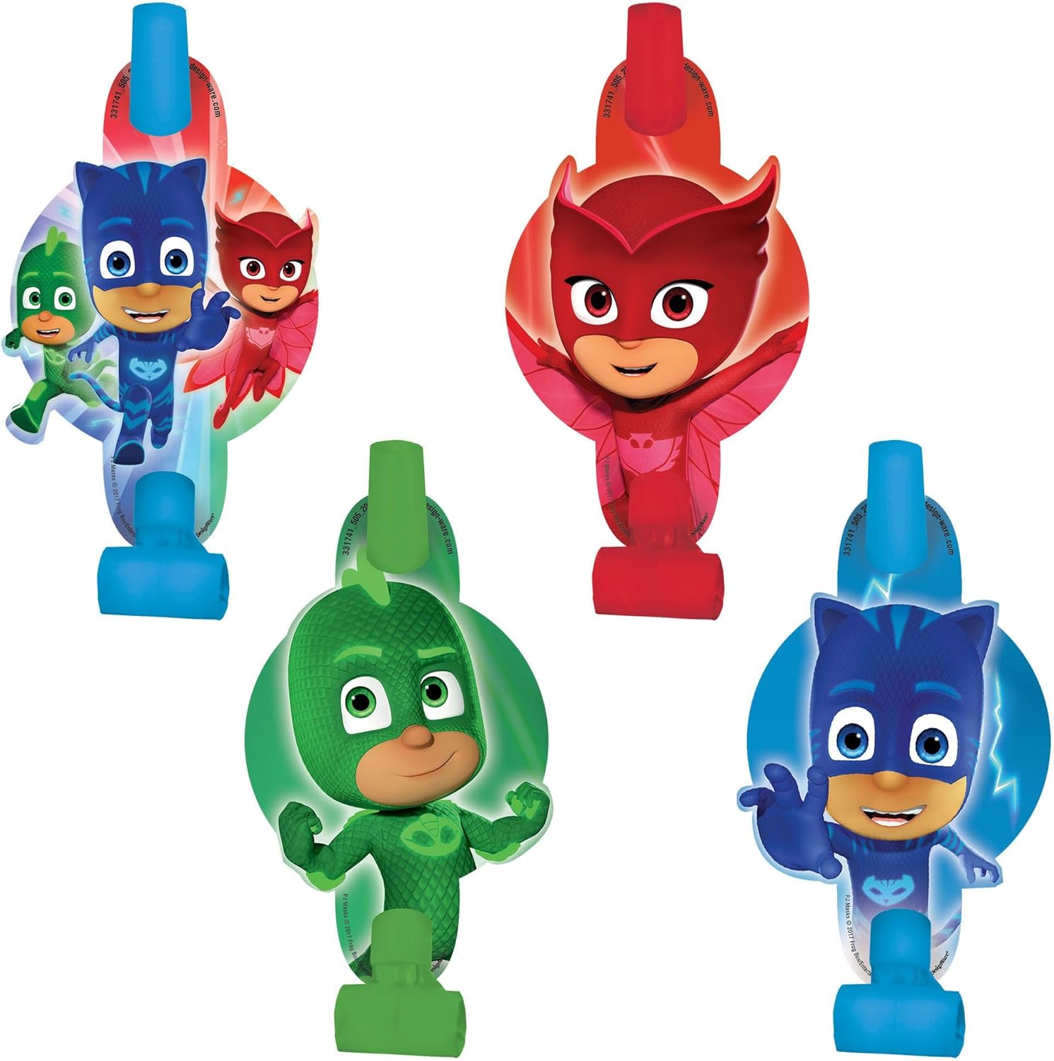 PJ Birthday Party Supplies Bundle includes 16 Paper Plates 9", 16 Paper Napkins, 1 Plastic Table Cover, 16 Party Blowouts, 16 Party Paper Masks, 1 Dinosaur Sticker Sheet