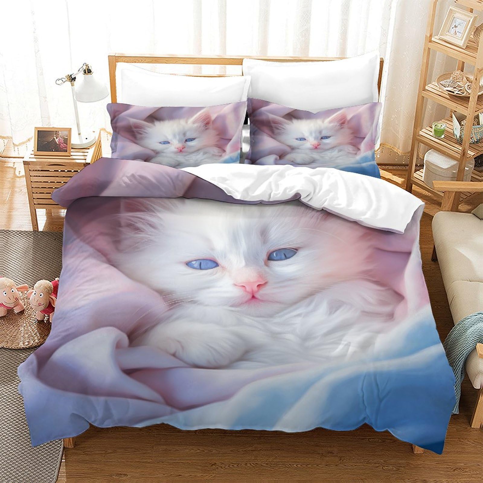 Housse de couette chat 260x220 cm en microfibre avec 2 taies d'oreiller