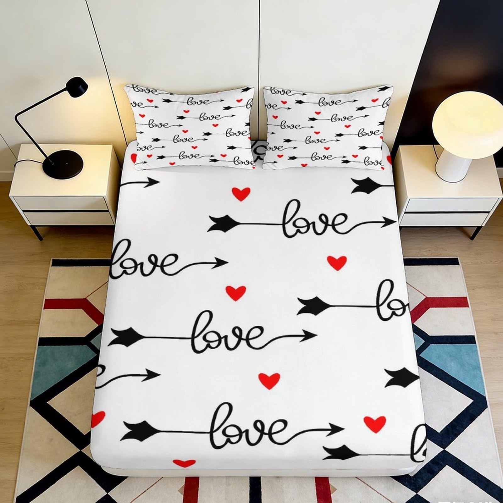 3D Printed Love Arrow Fitted Sheet Microfiber Heart Pattern Mattress Cover for Bedroom Guest Room Easy Care 90x200x25cm