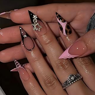 Medium Stiletto Press on Nails Black and Pink 3D Star Fake Nails 24Pcs | French Tip Fall Nails Press ons with Leopard Print, Rhinestone Star Designs, Reusable Glossy Acrylic Glue on Nails for Women