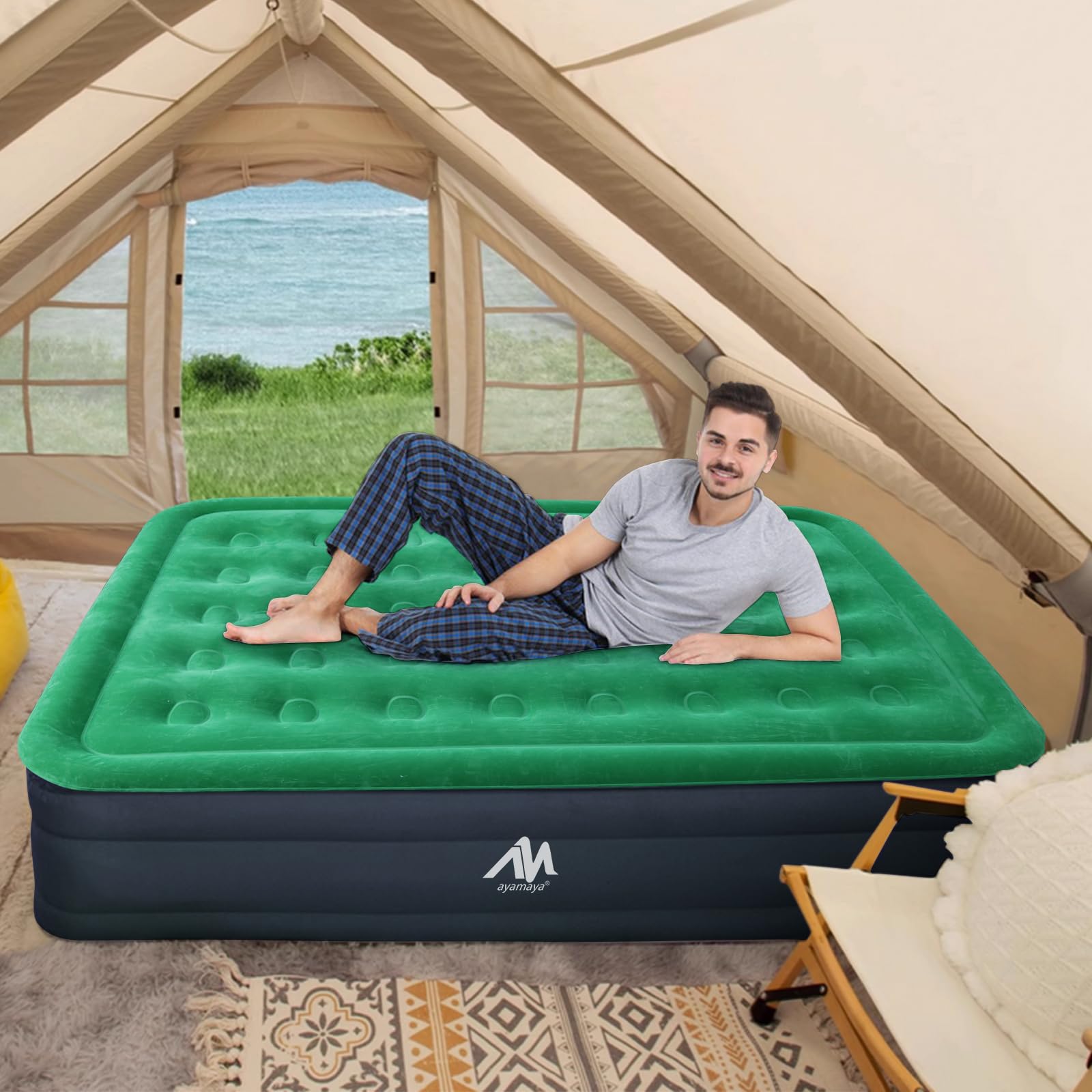 ayamaya Queen Camping-Luftmatratze mit kabelloser eingebauter Pumpe, 40,6 cm, luxuriöse, doppelt hohe aufblasbare Matratze, tragbare 2-Personen-selbstaufblasende Matte, Doppel-Isomatte für Camping &