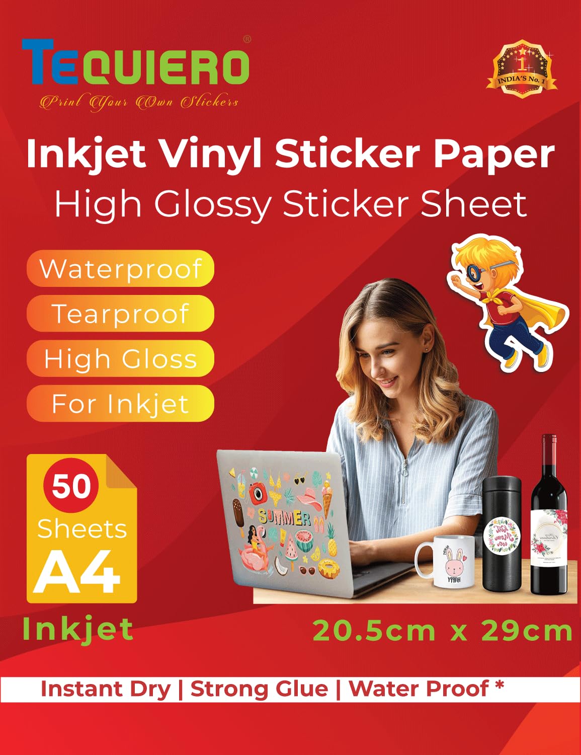 TeQuiero Vinyl Sticker Paper for Inkjet Printer High Glossy, Waterproof, Tear Resistant, Instant Dry, for DIY Stickers Printing Art, Self Adhesive Photo Sheets - 50 Sheets