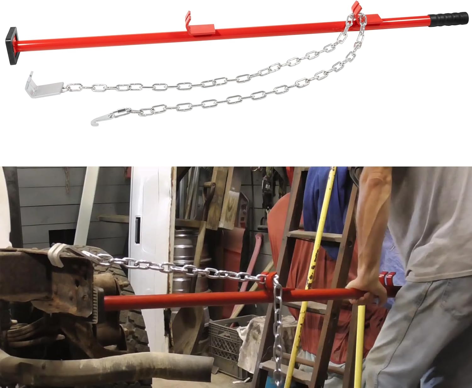 Sunluway 77175 Auto Body Alignment Bar Pulling Stick Tool 52in for Car Repair Bumper Hood Panel Deck & Bracket Dent Puller Stick Alignment Repair Tool Auto Body Dent Repair Tool with Chain