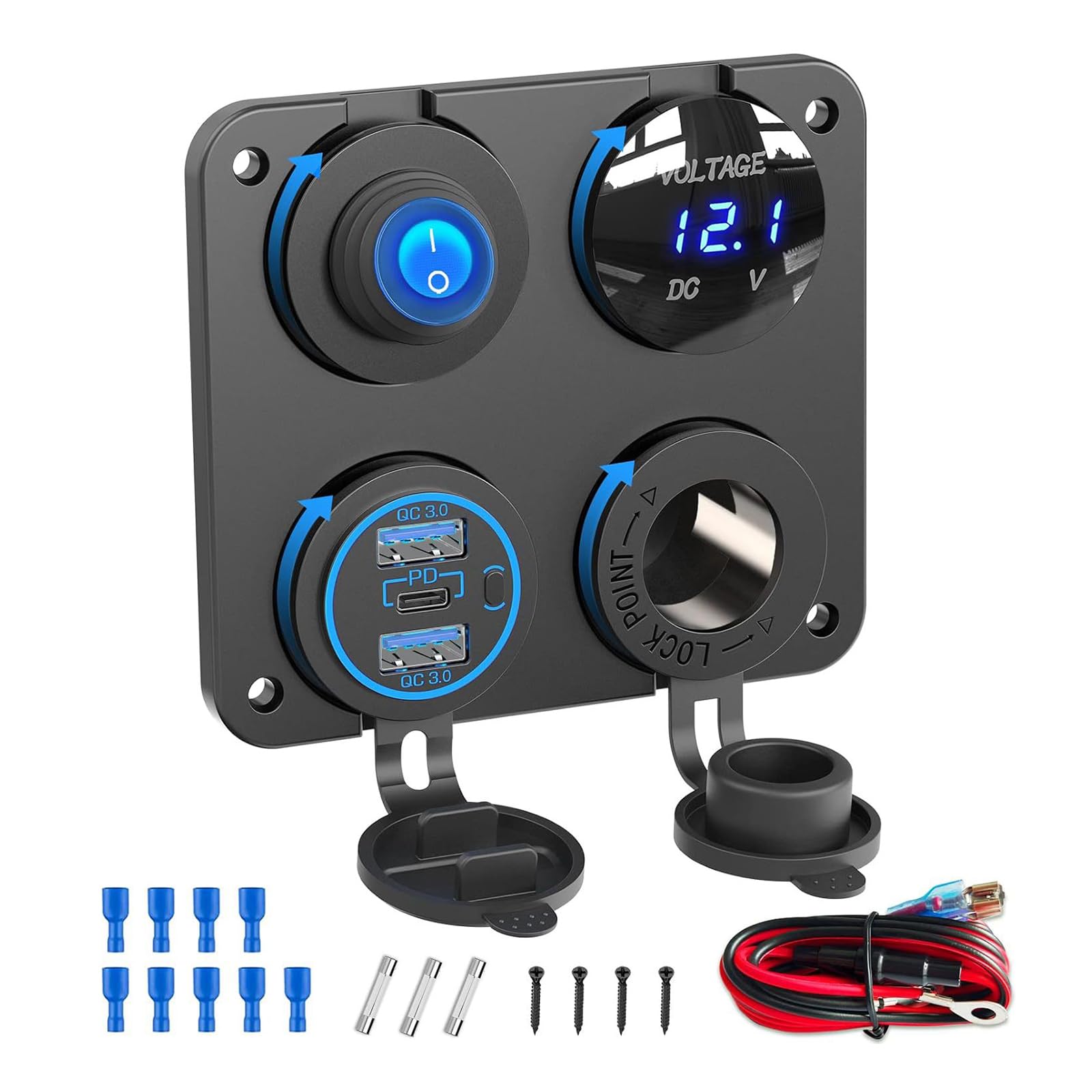 12-V-24-V Marine Ladegerät Steckdose mit Schnelllade Stromversorgung und digitalem Voltmeter ABS Ladesteckdosentafel, austauschbare Fahrzeugsteckdosen