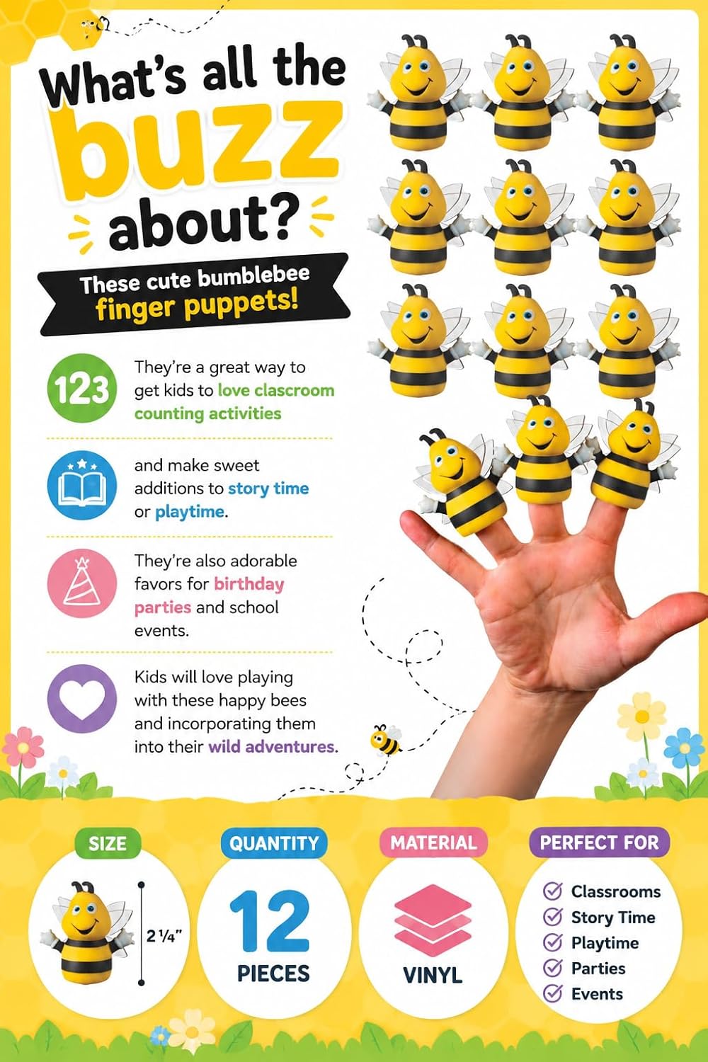 Busy Bee Finger Puppets - Novelty Toys & Finger Puppets, 12 Count